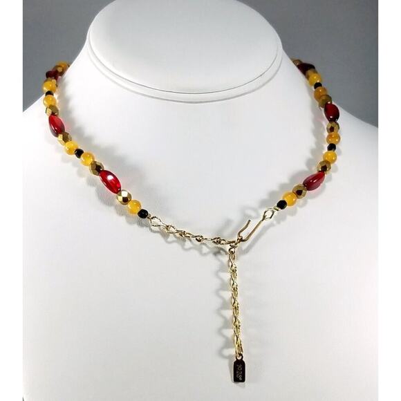 Vintage 1928 Necklace Red Gold Beaded Pendant Quartz Cabochon Black Crystals - Picture 6 of 10